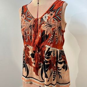 Patrons of Peace Orange Red and Black Floral Boho Flowy Top Front Ties Size XS